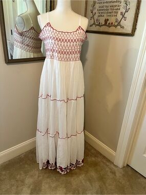 Solitaire White Maxi Dress with Red Embroidered Bodice